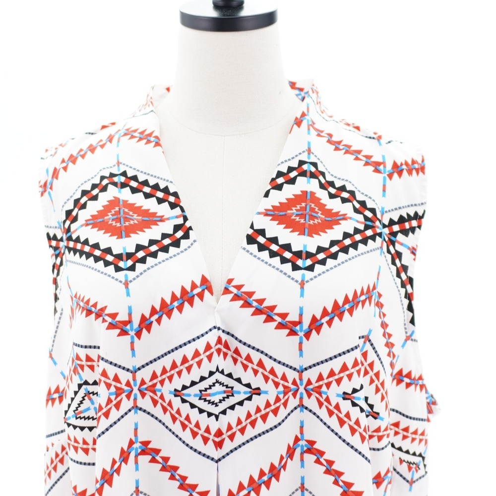 Antilia Femme Blouse 2X Sheer White Red Top Aztec Tribal Sleeveless V-Neck Women